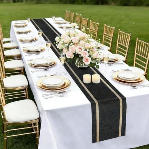 FAVE 4 Pack Woven Vinyl Table Runners, 120x12 Inch Black with Gold Threads Heat-Resistant Table Mats for Dining, Wedding, Banquets, Party, Restaurant Decor(Black, 4PCS) - Image 1