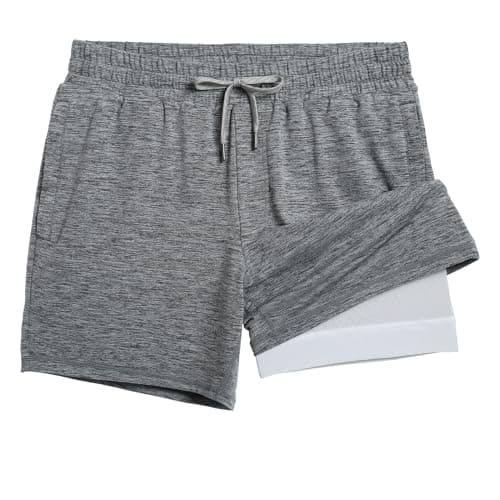 maamgic Mens 2 in 1 Running Shorts, 5" Gym Short with Zip Pockets, Quick Dry Workout Athletic Shorts for Men Hemp Grey Large - Image 1