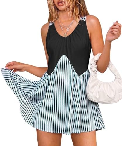 Angashion Summer Dress for Women Sleeveless V Neck Mini Dresses Flowy Casual Loose Sundress with Pockets Black Medium - Image 1