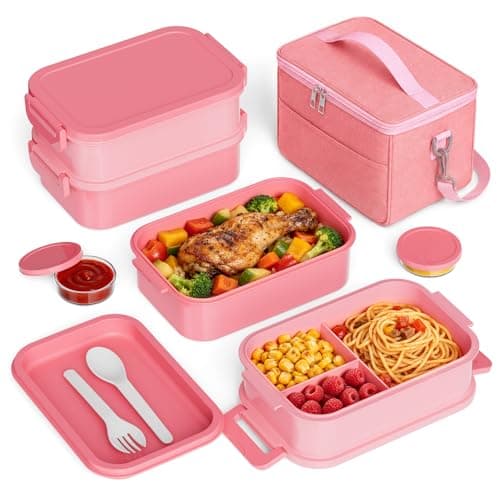 Bento Box Adult Lunch Box - 2130ml Lunch Box for Women with Insulated Lunch Bag, Utensils & Sauce Container, Leak Proof Bento Box for Girls, Reusable Plastic Lunch Container for Work, Meal Prep, Pink - Image 1