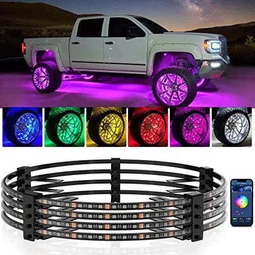 MICTUNING 17.5" V1 RGBW LED Wheel Lights Kit with APP Control & Music Sync Turn Signal, Brake Function, Pure Colors Neon Wheel Rim Lights for Trucks, SUVs, Cars (4PCS, Single Row) - Image 1