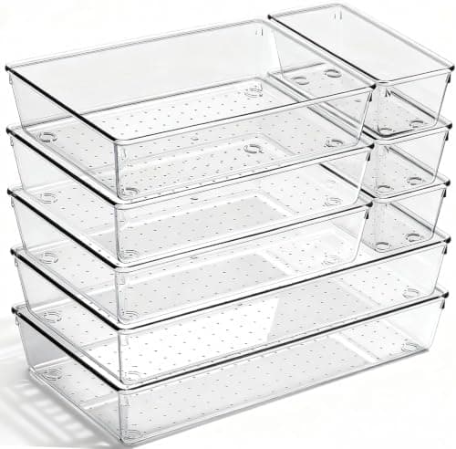 8 Pack Large Clear Plastic Drawer Organizer Bins - Acrylic Bathroom Drawer Organizer Trays - Heavy Duty Kitchen Drawer Dividers for Utensils - Non-Slip Storage Bins for Makeup, Bedroom, Office Desk - Image 1