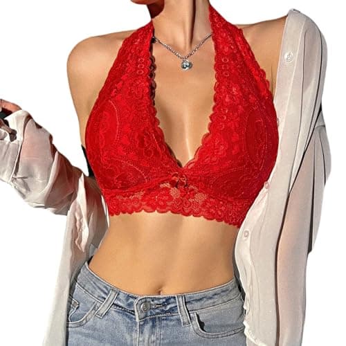 Viomisha Floral Lace Halter Bralette for Women Unpadded Wirefree Lace Bra Halter Crop Top with Hook and Eye Closure Back Red Halter Bralette - Image 1