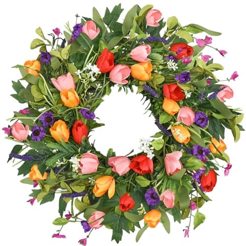 Qingbei Rina Spring Wreaths for Front Door, 22 Inch Door Wreath for Decorating with Colorful Tulip, Lavender and Eucalyptus, Indoor Outdoor Floral Wreath Party Farmhouse Wedding Home Decor - Image 1