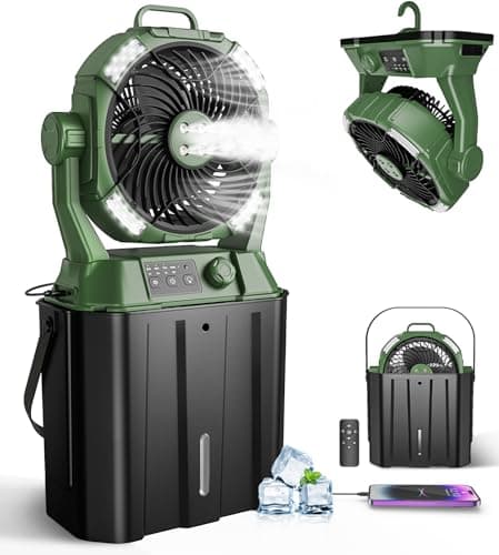 MONISEN Misting Fan for Outside Patios, Rechargeable Battery Operated Mist fan, Camping Mister Fan With Remote, 4 Mist Nozzles, 3 Light Settings, 4 Timers for Fishing/Golf/Garden/Party/Tent/Beach - Image 1