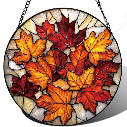 Zizzie Stained Glass Maple Leaves Suncatcher - 7.9" Real Glass Fall Autumn Sky Window Hanging, Weatherproof Bright Farmhouse Decor, Seasonal Nature Thanksgiving Gift for Women Mom