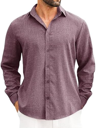 LETSEE Men's Linen Blend Button Down Shirt â Lightweight Long Sleeve Casual Shirt for Beach, Vacation & Wedding Purple - Image 1