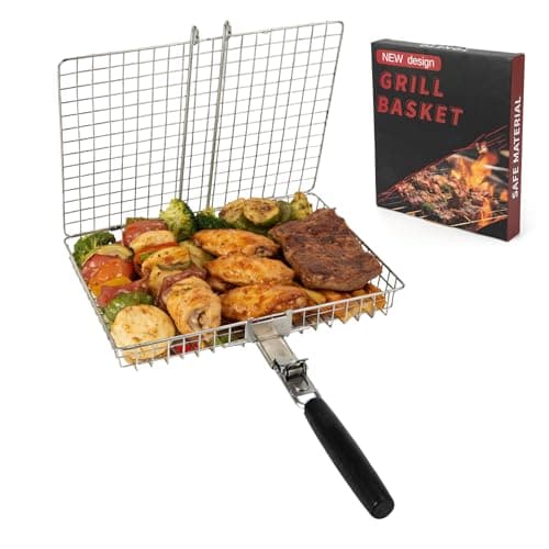 Grill Basket for Outdoor with Removable Handle,Stainless Steel BBQ Camping Cooking Accessories Tools for Meat Steak Fish Vegetable Shrimp, Gifts for Men Dad Husband - Image 1