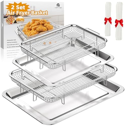 Air Fryer Basket for Oven, 2 Set Air Fryer Tray and Pan with 60PCS Parchment Papers, YEPATER Stainless Steel Air Fryer Pan and Crisper Tray for for Baking Grilling Cooking and Frying - Image 1