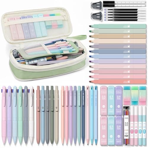 Four Candies 56 PCS Aesthetic School Supplies with Pencil Case, 6 Multicolor Pen, 12 Pastel Highlighters, 5 Gel Pens Black Ink, 9 Mechanical Pencils for Student Stationary Set Preppy Stuff (Green) - Image 1