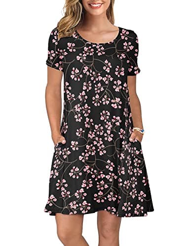 KORSIS Summer Dresses for Women Floral Gypsophila Black Small Casual T Shirt Dress Short Sleeve Swing Flowy Ladies Beach Vacation Sundress with Pockets - Image 1