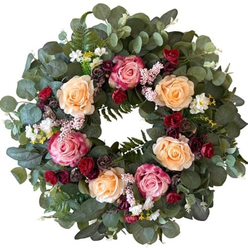 WANNA-CUL 24 Inch Spring Wreaths for Front Door,Spring Mothers Day Wreath Gifts Decorations with Pink,Champagne, Burgundy Rose and Eucalyptus Leaves for Valentines Day,Wedding or Indoor&Outdoor Decor - Image 1