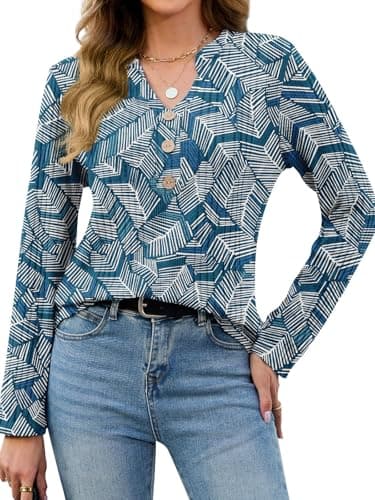 VUTRU Womens Tunic Sweater Long Sleeve Henley Shirt Knit Pullover Blouse V Neck Top Dressy for Fall Trendy, Blue Geometry L - Image 1