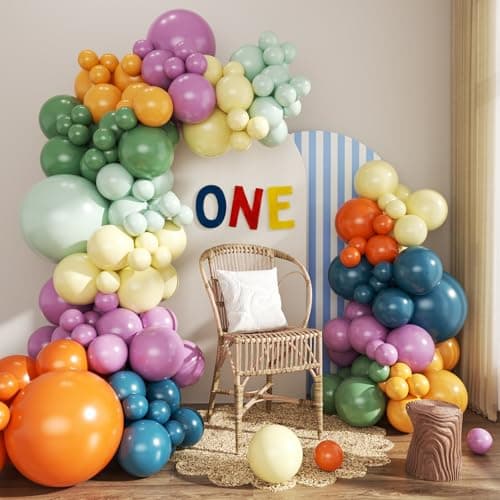 Rainbow Balloon Arch Kit 135Pcs Pastel Balloon Arch Kit Include Navy Blue Sage Light Green Yellow Purple Orange Balloons for Whimsical Baby Shower Wedding Birthday Party Decorations - Image 1