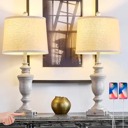 SAIWEYA 27.5" Set of 2 Farmhouse Table Lamps for Bedroom, 3 Way Dimmable Bedside Lamp with 2 USB +AC Outlet Nightstand Lamps for Living Room Resin Rustic Touch Lamps - Image 1