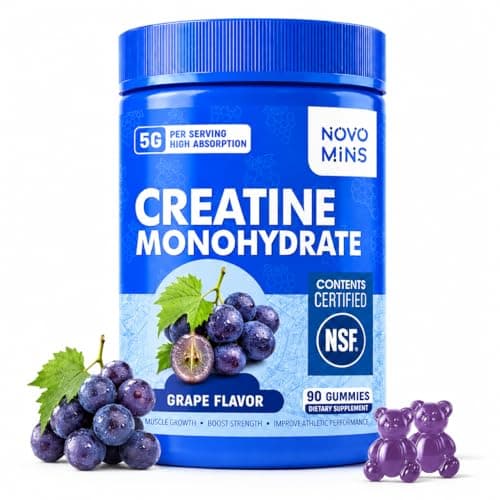 novomins Creatine Monohydrate Gummies 5000mg for Men & Women, Chewables Creatine Monohydrate for Muscle Strength, Muscle Builder, Energy Boost, Pre-Workout Supplement(90 Count)-Grape Flavor. - Image 1