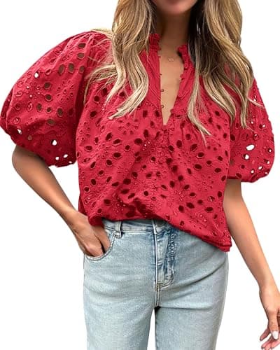 BTFBM Womens Blouses Summer Hollow Out Eyelet Embroidery Tops V Neck Buttons Puff Sleeve Boho Shirts Spring Fashion 2026(Red, Large) - Image 1