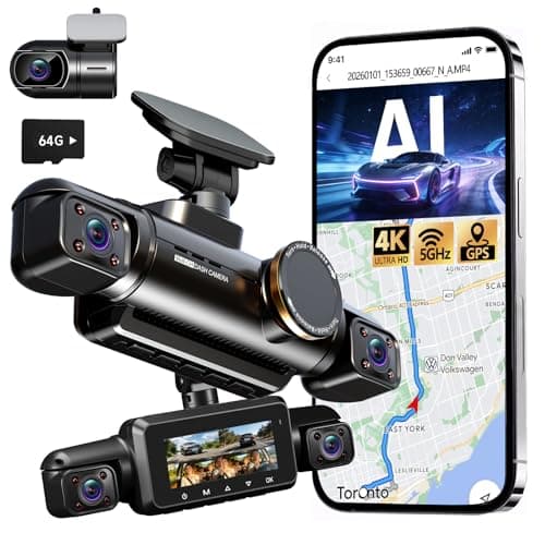 AI Dash Cam Front Rear Inside, 4 Channel 3k+1080P*3 Dashcam with Smart Driving Monitor System, 360° View Car Cameras 5GHz Wi-Fi GPS, Camera for Car Night Vision 128GB SD Card, 24H Parking Mode N700Pro - Image 1