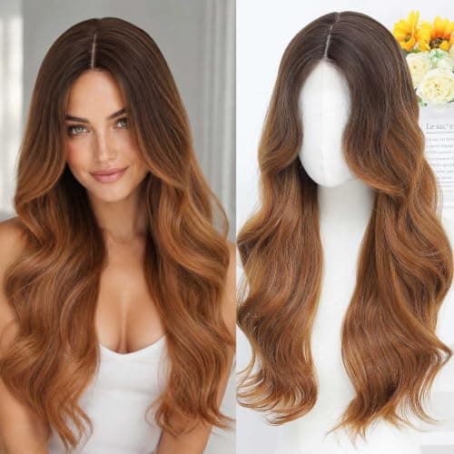 Barbique Ombre Brown Long Wavy Synthetic Wig 24 Inch, Middle Part Lace Front Wig for Women, Natural Looking Heat Resistant Hair, Glueless Wig for Daily Wear