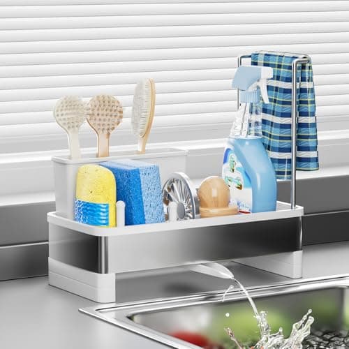 Ewaiira Stainless Steel Sink Caddy, Sponge Holder for Kitchen Sink with Brush Holder & Dishcloth Rack, Rustproof Organizer Countertop, Soap Dispenser Kitchen Organizers Storage Essentials, White 9.8″ - Image 1