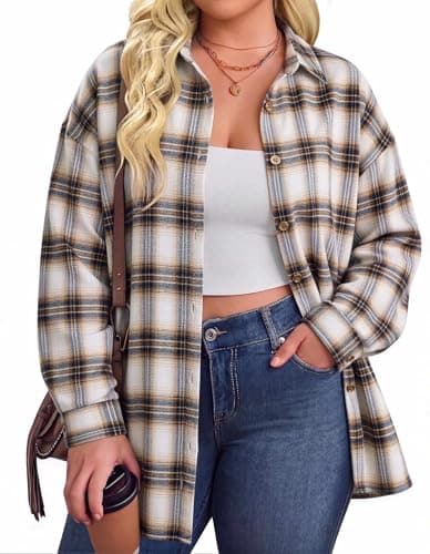 IN'VOLAND Womens Plus Size Plaid Long Sleeve Shirt Flannel Collared Tops - Image 1