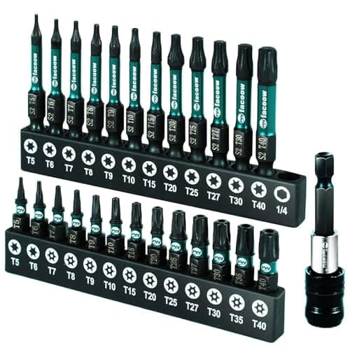 Facoow 26PCS Impact Torx Bit Set (T5-T40 & TT7-TT40), S2 Steel Security Torx Bit Set Magnetic, CNC Machined Tamper Proof Star Bits, 1"&2" Long Impact Torque Bits Set & Bit Holder & Storage Box