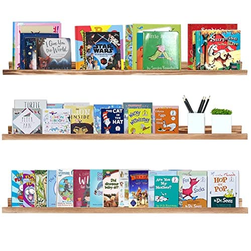 AZSKY Floating Picture Ledge Shelf | 48" Rustic Wood Wall Shelves Set of 3 | Photo Frame Display | Nursery Book Organizer for Bathroom, Bedroom, Living Room, Kitchen | Easy Install | Burnt Brown - Image 1