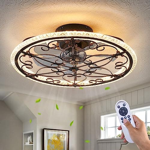 HuixuTe Caged Ceiling Fan with Lights Remote Control, 6 Speeds 3 Color Farmhouse Industrial Ceiling Fan with Light for Kitchen Bedroom Living Room