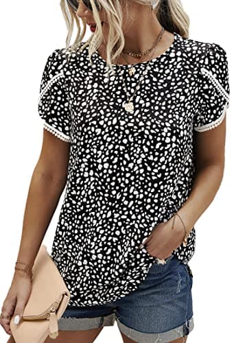 Angashion Women's Tops Casual Floral Print Lace Crochet Short Sleeve Crewneck Summer Loose Blouse Shirt Tunic Top Black White L - Image 1