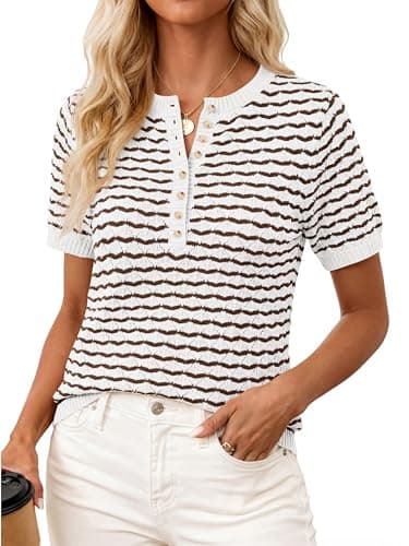 PRETTYGARDEN Womens Knit Summer Tops Button Short Sleeve Sweater Casual Crewneck Chevron Henley Shirts Dressy Work Blouses(Brown White,Large) - Image 1