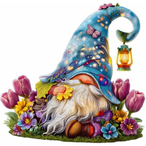 Gnome Wooden Puzzles for Adults 300 Piece, Unique Shape Wooden Jigsaw Puzzle for Adults, Challenging Large Dreamy Garden Gnome Flowers Puzzle, Creative Gift for Friend Family Game Wall Decor 15*14.5in