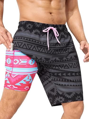 SILKWORLD Men's Swim Trunks with Compression Liner Quick Dry Bathing Suits 9 Inch Swimming Shorts with Zipper Pockets, Black Geometrical, Small - Image 1