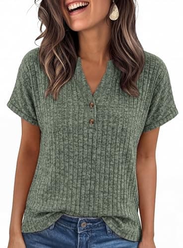 Pleneal Womens Summer Tops 2026 Spring Henley Tops V Neck Button Casual Dressy Summer Blouses Sweater Trendy Cute Tunic Tee M Green - Image 1