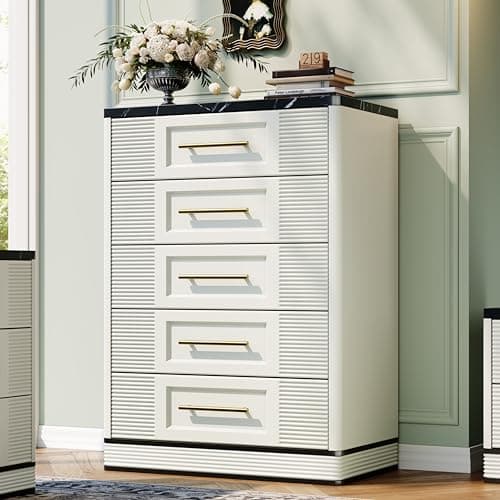RECHHX Farmhouse 5 Drawers Dresser for Bedroom, 44" Tall Modern Marble-Effect Chest of Drawers, Wooden Thermoformed Curved Dresser Organizer for Bedroom, Living Room, White - Image 1
