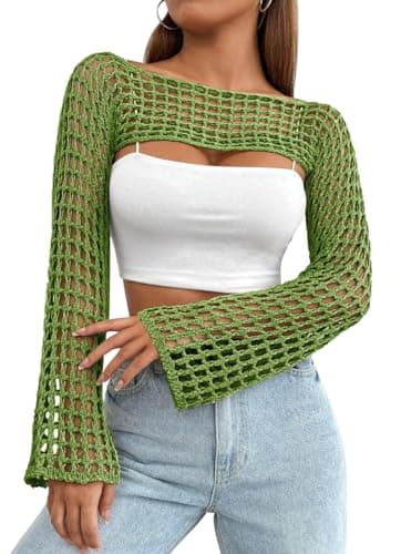 Mincib Womens Crochet Shrug Y2K Hollow Out Bolero Shrug See Through Cropped Knit Sweater Top(Green,S) - Image 1