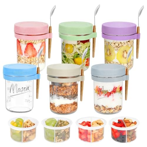 Xyptorix 6 Pack Overnight Oats Containers with Lids and Spoons, 16 oz Mason Jars with Removable Separate Compartments, Airtight and Leak-Proof Glass Jars for Chia Pudding, Yogurt, and Oatmeal - Image 1