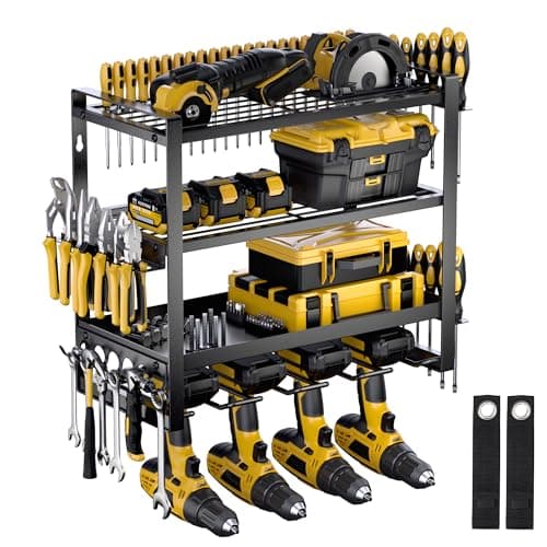 Power Tool Organizer Wall Mount, 4 Layer Drill Holder Wall Mount, Heavy Duty Metal Tool Shelf, Garage Tool Organizers and Storage Rack,Utility Storage Rack for Cordless Drill Charging Station-Black - Image 1