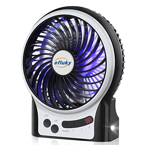 efluky 4.9-Inch Mini Desk Fan - 3 Speeds, Rechargeable Battery/USB Powered with LED Light, Quiet Portable Fan for Home, Office, Travel, Camping (Black) - Image 1