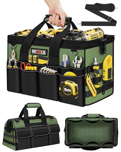 16-Inch Heavy Duty Tool Bag, 19-Pockets Tool Box Organizer, Portable Toolbag W/Soft Handle for Organized Storage, Mechanic Gifts for Men Dad Husband Fathers Day, Wide Mouth Electrician Toolbox, Green - Image 1