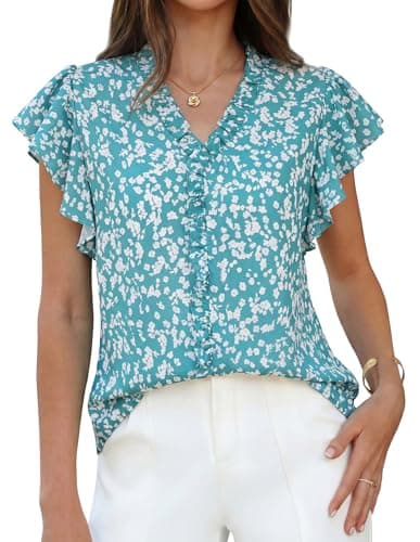 GRACE KARIN 2026 Boho Tops for Women Dressy Casual,Ruffle Sleeve Chiffon Blouses,V Neck Summer Fashion Clothes Green White M - Image 1