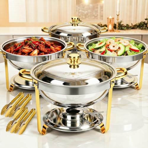 ALSO GO Round Chafing Dishes for Buffet with 4 Serving Tongs, 4 Pack 6QT Chafing Dishes Buffet Set, Golden Stainless Steel Catering Food Warmer for for Party, Gathering,Wedding - Image 1