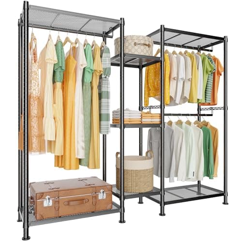 LEHOM G6 Clothes Rack Heavy Duty Freestanding Garment Rack with Shelves, Metal Clothing Closet Wardrobe Storage System for Hanging Clothes, 76.8" D x 17.7" W x 74.4" H, Hold 800 lbs, Black - Image 1
