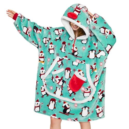 OLAOLA Penguin Wearable Blanket Hoodie for Adult, Oversized Animal Hooded Blanket with Pockets & Sleeves, Soft Sherpa Penguin Print Sweatshirt Comfy for Birthday Gifts - Image 1