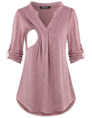 Quinee Nursing Tops for Breastfeeding,3/4 Sleeve Breastfeeding Shirts Maternity Nursing Tops Tees Soft Mama Shirts for Women Casual Wear Fitting Summer Spring Fall Rose Red S - Image 1