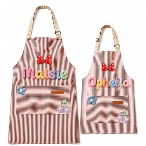 Customizable personalized aprons in adult and child sizes with printed names; these waterproof aprons for kitchen cooking, baking, painting feature pockets and adjustable straps, ideal for home use. - Image 1