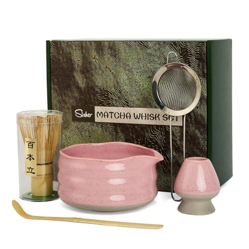 Sisher Matcha Set,Matcha Bowl with Spout,Cute Matcha Set(5pcs) Matcha Bowl,Bamboo Whisk, Matcha Scoop, Matcha Whisk Holder (Chasen Holder), Stainless Steel Sifter, Macha Kit - Image 1