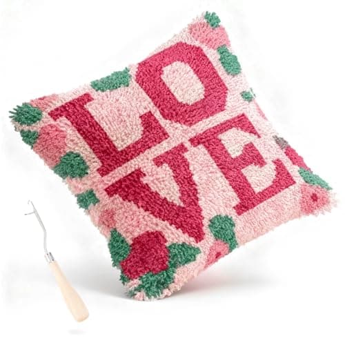 Miaceito Pre-Printed Love Latch Hook Pillow Kits for Adults Beginners, DIY Latch Hook Kits Includes Wooden Hook to Make 17x17 Inch Home furnishings Sofa Decoration - Image 1