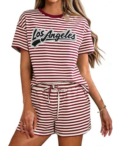 QLIPIN Striped 2 Piece Set for Women: Two Piece Lounge Sets Summer Outfits Stripes Shirt and Shorts Set - Image 1