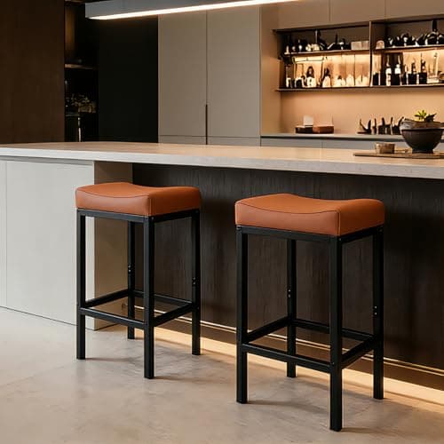 ZYFFHYLAI Set of 2 Backless Bar Stools 24 Inch, Modern Counter Height Stools with Soft Faux Leather Padded Saddle Seat, Heavy Duty 300LB Capacity for Kitchen Island(01brown-24 Inch) - Image 1