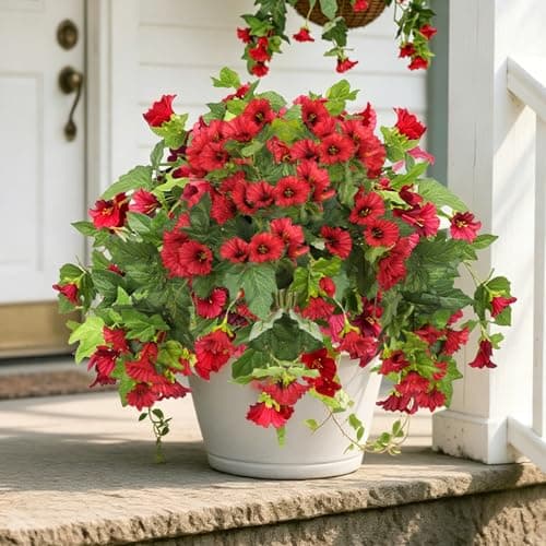 HAIDOLIANG Artificial Fake Flowers Plants for Outdoor Decoration, 2 Bundles Fake Flowers Silk Morning Glory UV Resistant Realistic Faux Flowers for Front Door Porch Patio Yard Window Box (Red)